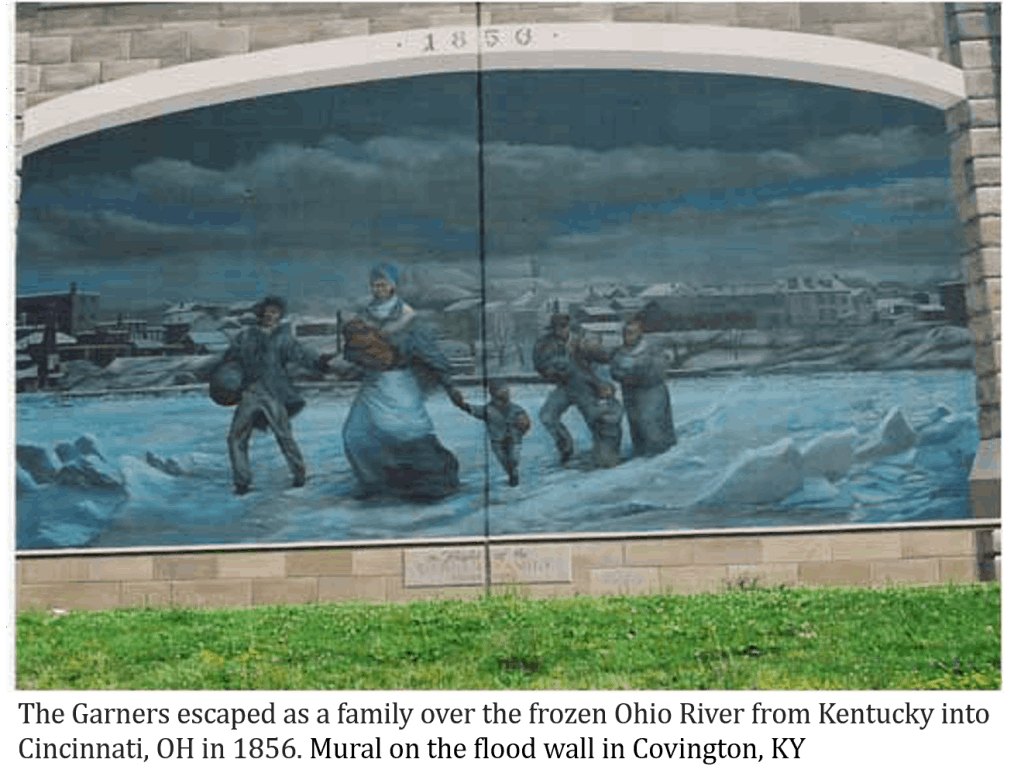 The Garners escaped as a family from enslavement in Kentucky by crossing the frozen Ohio River in 1856 Mural on the Flood Wall in Covington, KY